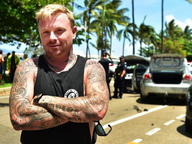 A stolen car has caused a four vehicle crash outside The Watermark on the Strand, Townsville. Bystander Steven Taylor made a citizen arrest. Picture: Alix Sweeney