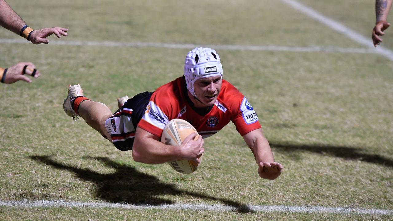 Corey Gregory goes for a try as the Northern Sharks take on the Litchfield Bears in Round 8 of the 2023 NRL NT season. Picture: Pema Tamang Pakhrin