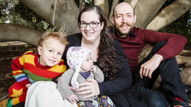 Catherine and Jindi Hookey, with their children Azrael, 3, and Seraphin, 2 months. Picture: Nicole Cleary