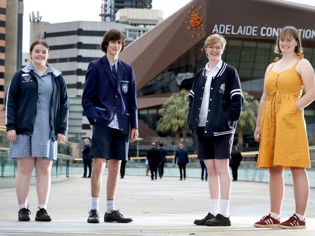 Sunday Mail mental health series. High school students, (LtoR) Karolyn Ferguson (Marryatville High), Angus Clarke (Sacred Heart), Emilia McDonald (Woodville High), and Nevie Peart (Australian Science and Mathematics School). 15 October 2020. Picture Dean Martin