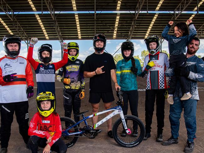 Ballarat born and World Number 1 BMX racing rider Josh Jolly spent time with Palmerston's Satellite City BMX Club ahead of the 2024 NT Titles. Picture: Pema Tamang Pakhrin.