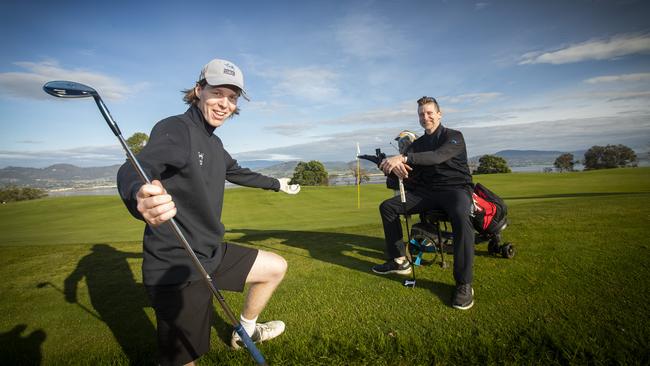 Tasmania Golf Club members Jonty Williams and Phil Fuglsang enjoying their first round of competition golf since it was stopped for COVID-19. Picture: LUKE BOWDEN