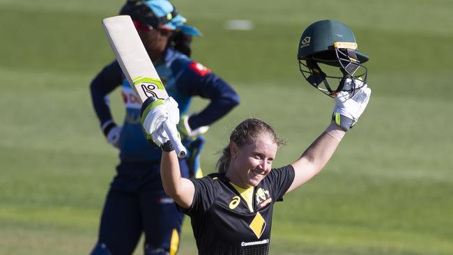 Alyssa Healy celebrates her record-breaking century against Sri Lanka on Wednesday.