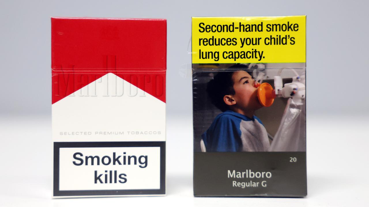 An example of the illegal Marlboro cigarettes available in Sydney for just $10 (left) and the legal smokes in Woolworths for $58 (right).