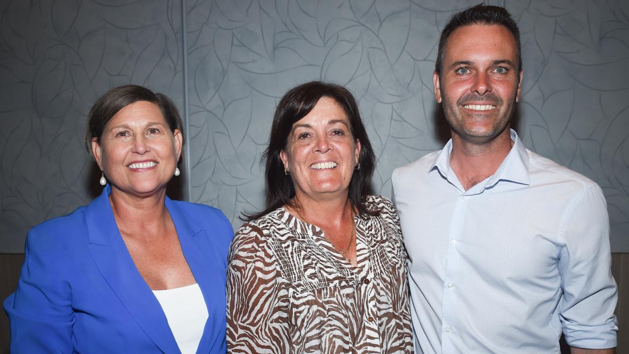 New LNP MPs Janelle Poole (Mundingburra), Natalie Marr (Thuringowa) and Adam Baillie (Townsville) declare victory at a celebratory party at The Ville on election night.