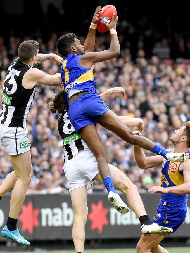 Liam Ryan takes a flying mark in the last quarter of the Grand Final. Picture: Nicole Garmston