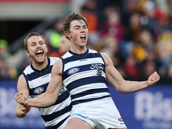 MELBOURNE. 06/05/2023. AFl. Round 8. Geelong vs Adelaide at GMHBA Stadium. Tanner Bruhn of the Cats celebrates a 4th quarter goal . Pic: Michael Klein