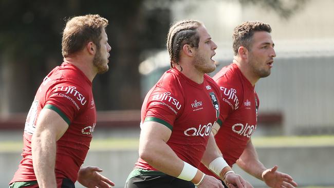 The Burgess brother Tom, George and Sam during Rabbitohs training at Redfern oval ahead of their semi final against the Dragons. Picture. Phil Hillyard