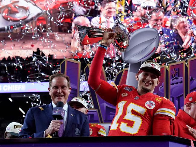 Three-peat loading? Kansas City Chiefs' quarterback Patrick Mahomes celebrates after the Chiefs won Super Bowl LVIII in 2024. Picture: Timothy A. Clary / AFP