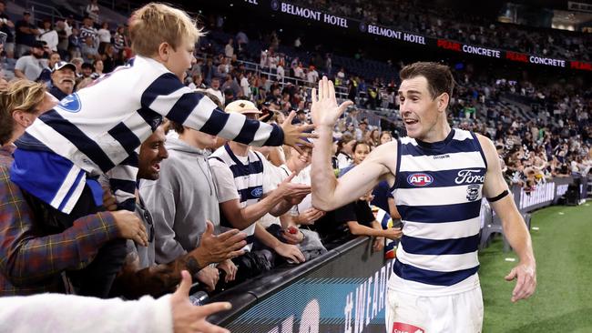 Jeremy Cameron celebrates the Cats’ first win of the 2024 season, downing St Kilda at Kardinia Park by eight points. Picture: Darrian Traynor/Getty Images.