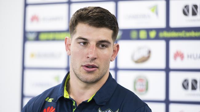 CANBERRA, AUSTRALIA - SEPTEMBER 11: Canberra Raiders NRL player Curtis Scott speaks to the media during a press conference on September 11, 2020 in Canberra, Australia. Scott was charged after being arrested on Australia Day in Sydney earlier this year. (Photo by Rohan Thomson/Getty Images)