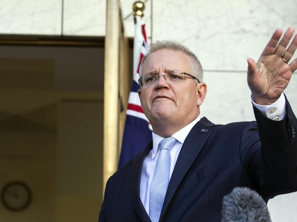 Prime Minister Scott Morrison dismisses a question on when the next election will be during a press conference at Parliament House in Canberra. Picture: NCA NewsWire / Gary Ramage