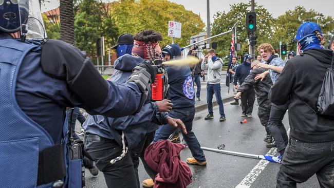 The United Patriots Front clashes with counter-protest group No Room for Racism in Coburg. Picture: Jake Nowakowski