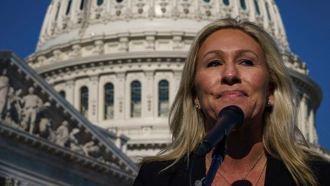 Republican Marjorie Taylor Greene speaks during a press conference outside the US Capitol in Washington, DC earlier this year. Picture: AFP