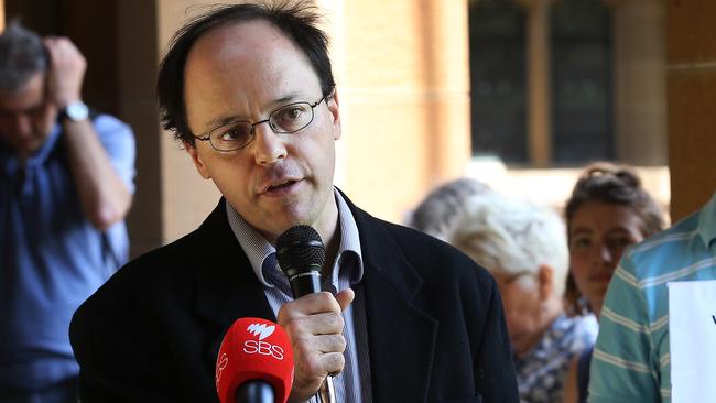 Dr Nick Riemer speaks at a public assembly at Sydney University in 2014. Photo: John Feder