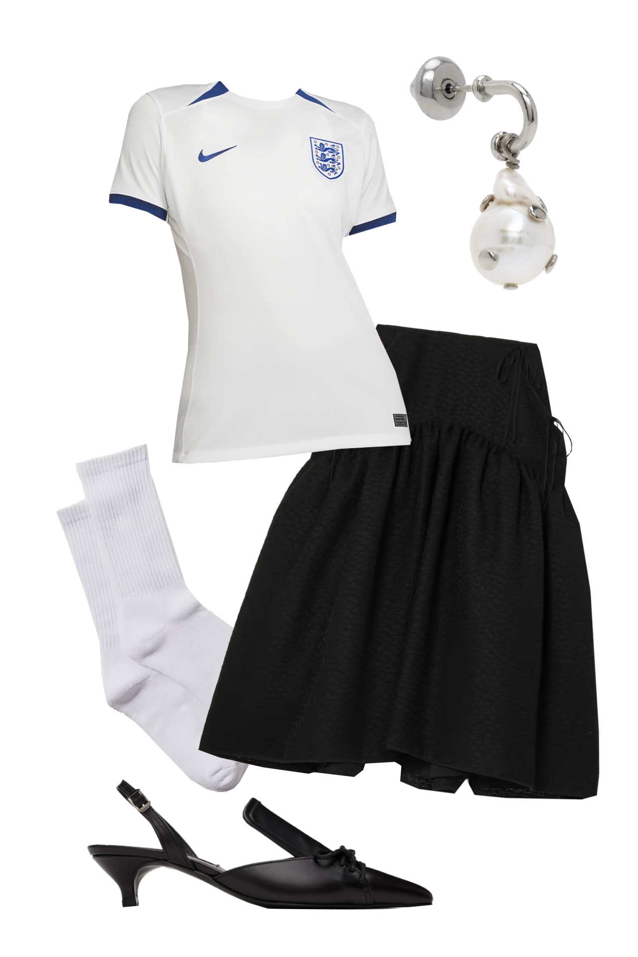 <h2><b>England home</b></h2><p>The simplicity of England’s home kit means that it’s one of the more versatile jerseys that have been released ahead of the FIFA Women’s World Cup. On a no-fuss day, your regular jeans and sneakers will do, but if you’re looking to dress it up, go for a dramatic black skirt, a kitten heel and a sock. Preppy, pretty, sporty—it’s a look that does it all. This single pearl earring from Safsafu is the perfect finishing touch, and will earn you bonus points because it resembles a soccer ball. </p><p><b>SHOP NOW: </b>England 2023 stadium home women's Nike Dri-Fit football shirt, $115 from <a href="https://www.nike.com/au/t/england-2023-stadium-home-dri-fit-football-shirt-tKsmJd/DR5762-121" target="_blank" rel="nofollow noopener"><b>Nike</b></a></p><p><b>SHOP NOW: </b>Cecilie Bahnsen Lilly gathered matelassé midi skirt, $1,192.76 (originally $1.987.93) from <a href="https://www.net-a-porter.com/en-au/shop/product/cecilie-bahnsen/clothing/midi/lilly-gathered-matelasse-midi-skirt/1647597278654347" target="_blank" rel="nofollow noopener"><b>Net-a-Porter</b></a></p><p><b>SHOP NOW: </b>Pushbutton black lace-up heels, $435 (originally $1,060) from <a href="https://www.ssense.com/en-au/women/product/pushbutton/black-lace-up-heels/10744081" target="_blank" rel="nofollow noopener"><b>Ssense</b></a></p><p><b>SHOP NOW: </b>Club house crew sock, $9.99 from <a href="https://cottonon.com/AU/club-house-crew-sock/9359197803033.html" target="_blank" rel="nofollow noopener"><b>Cotton On</b></a></p><p><b>SHOP NOW: </b>Safsafu silver punk single earring, $125 (originally $250) from <a href="https://www.ssense.com/en-au/women/product/safsafu/silver-punk-single-earring/11419611" target="_blank" rel="nofollow noopener"><b>Ssense</b></a></p><p><a href="https://www.newsletters.news.com.au/vogue"><i>Sign up to the Vogue newsletter</i></a></p>