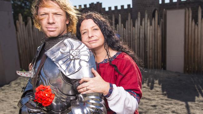 Phillip, wife Lisa and their teenage daughter Mieka, live inside the walls of Kryal Castle and he is Australia's only full-time knight in shining armour. Picture: Eugene Hyland