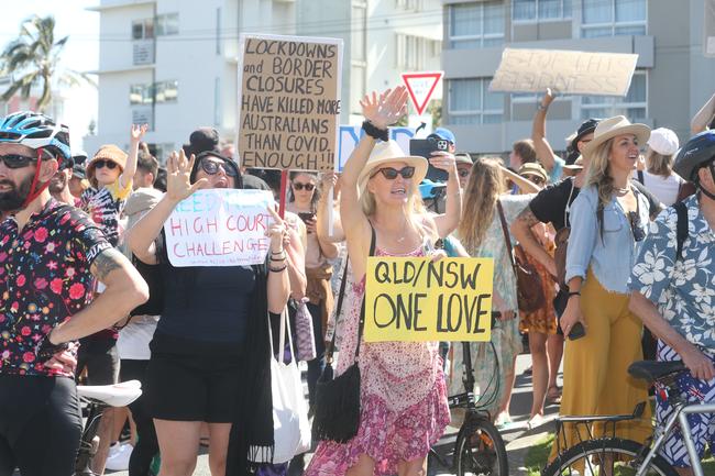 People in the Tweed are protesting the border restrictions. 22 August 2021 Coolangatta Picture by Richard Gosling