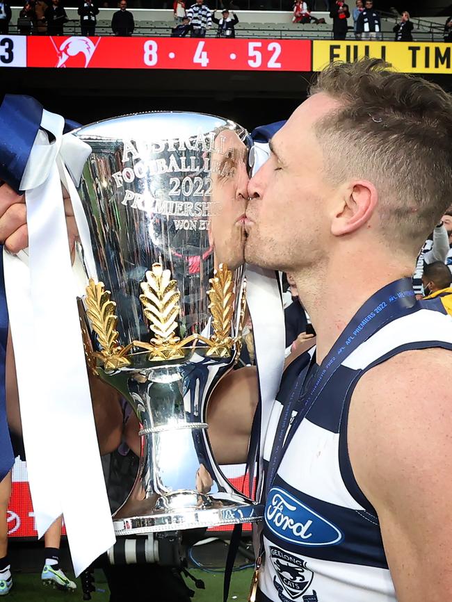 Geelong’s Joel Selwood celebrates in 2023. Picture: David Caird