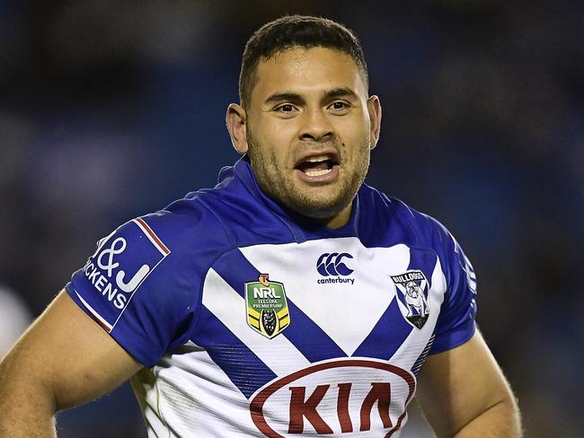 SYDNEY, AUSTRALIA - JULY 07:  Rhyse Martin of the Bulldogs reacts after converting a try during the round 17 NRL match between the Canterbury Bulldogs and the Canberra Raiders at Belmore Sports Ground on July 7, 2018 in Sydney, Australia.  (Photo by Brett Hemmings/Getty Images)