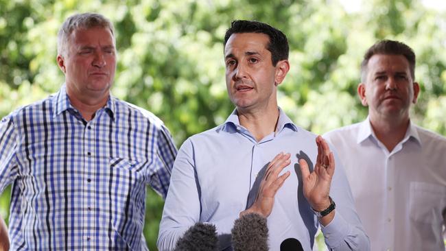 Darren Zanow, David Crisafulli and Jarrod Bleijie in Ipswich on Sunday morning. Picture: Lachie Millard