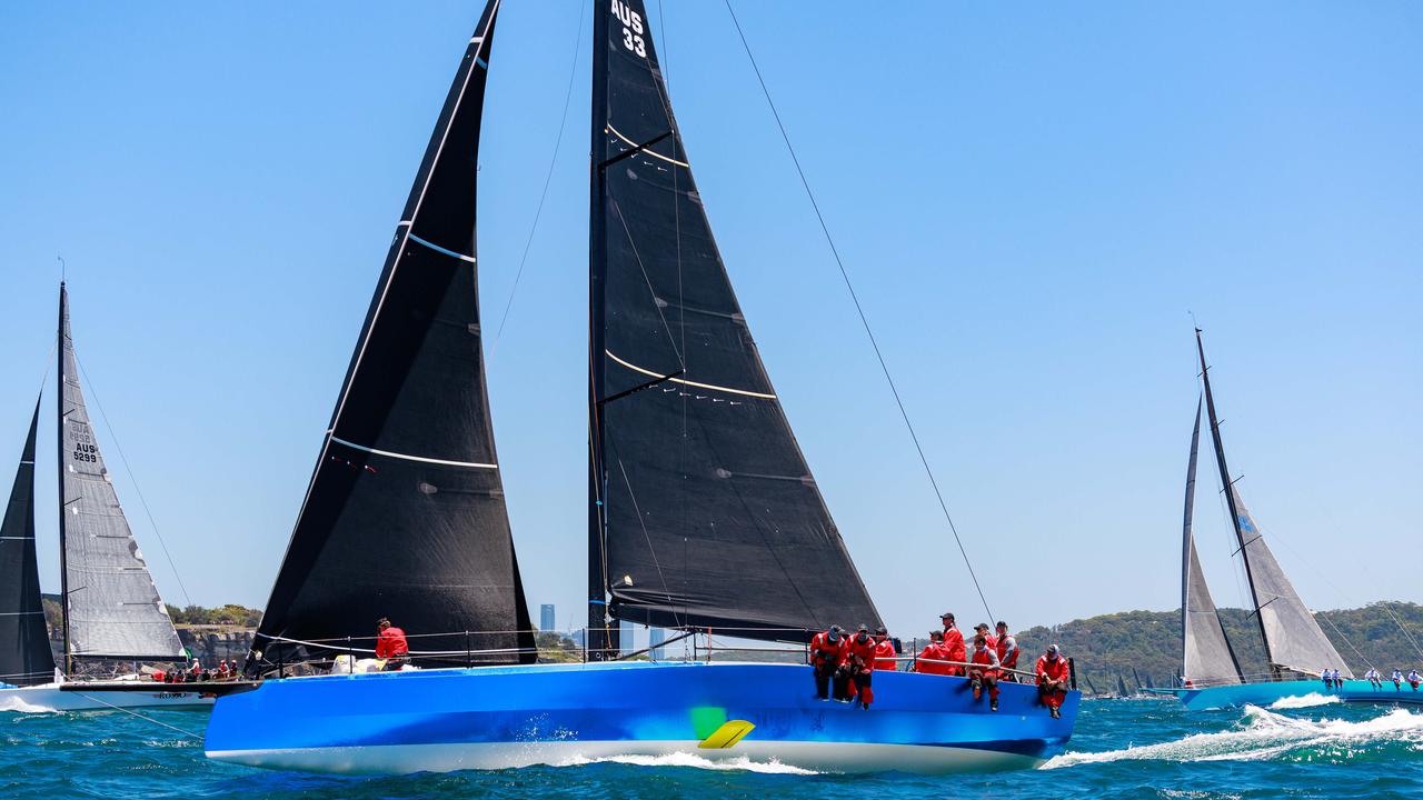 Daily Telegraph. 26, December, 2024. Porco Rosso, Zeus and Antipodes pass between North and South Head at the start of the 2024 Rolex Sydney to Hobart yacht race at the Cruising Yacht Club of Australia, Rushcutters Bay, today. Picture: Justin Lloyd.