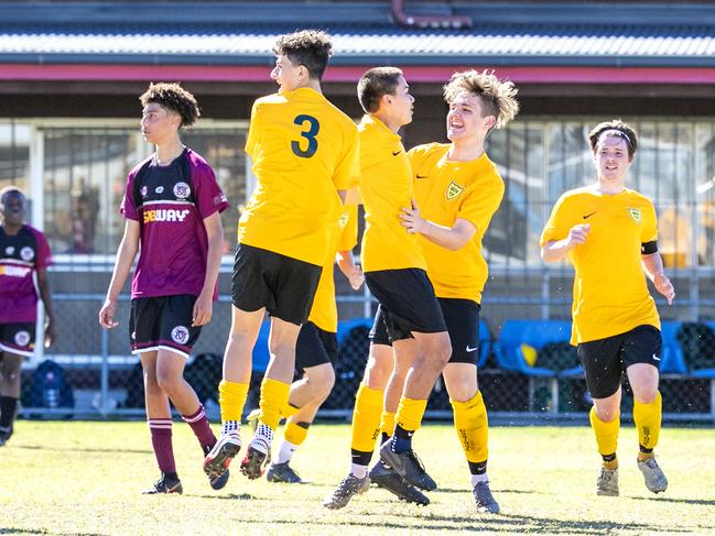Corinda celebrate a late goal in the Queensland Schools Premier League Football match between Marsden and Corinda at Darra, Thursday, July 30, 2020 - Picture: Richard Walker
