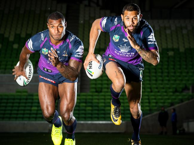 Melbourne Storm's flying wingers Suliasi Vunivalu and Josh Addo-Carr ahead of this week's NRL Grand Final. Picture: Mark Stewart