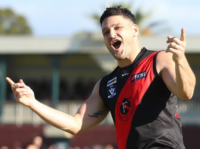 Brendan Fevola of Frankston celebrates his sixth goal during Nepean Seniors match between Frankston and Pearcedale played at Frankston Park on Friday, March 25, 2016, in Frankston, Victoria, Australia. Picture: Hamish Blair