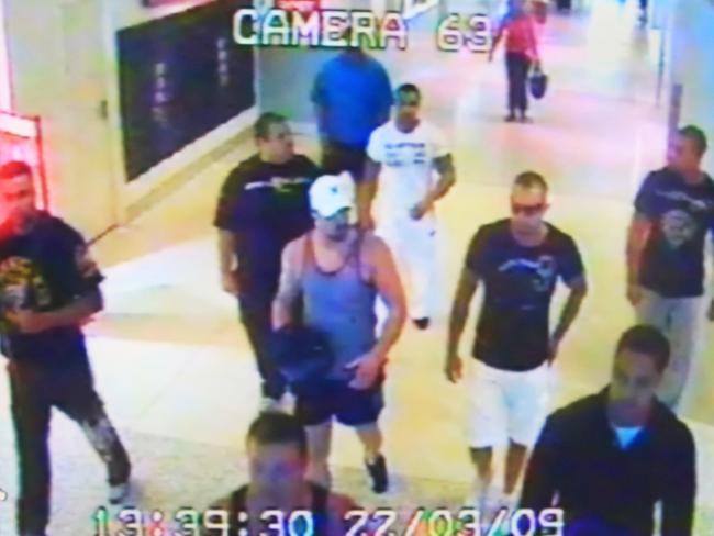 CCTV footage of bikie gang members walking through Sydney Airport on March 22, 2009, a few minutes before the brawl between the Hells Angels and Comanchero broke out.