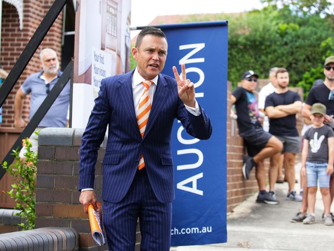 SYDNEY, AUSTRALIA - FEBRUARY 20, 2021, Auctioneer Damien Cooley in action at Service Street Home Auction in Ashfield Today in Sydney, Australia. Picture: Newscorp Sunday Telegraph / Gaye Gerard