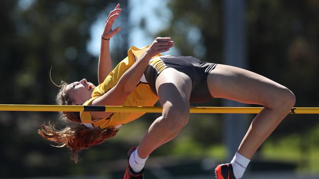 Gemma Hutchings, 15 from St Rita's College broke the under 16's high jump record during the CasssA Cup Catholic School Girls Track and Field Championship from QEII. Picture: Zak Simmonds