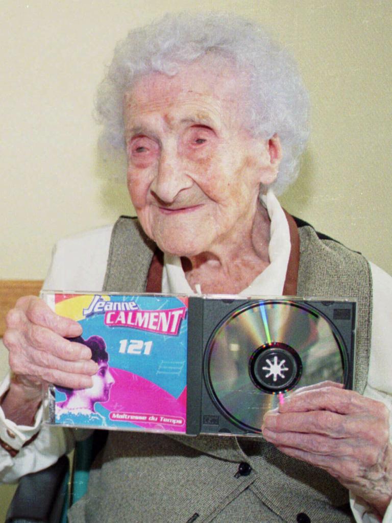 Jeanne Calment, the world's oldest living person will celebrate her 121st birthday 21/02/96, displays her record at her retirement home in Arles, southern France. The album is titled "Time's Mistress" & will be launched in Canada.  P/