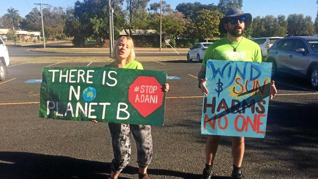 Protesters from Frontline Action on Coal disrupted Adani Australia's chief executive Lucas Dow's speech at the Industry and Innovation Forum in Emerald, Queensland on Wednesday morning. Picture: Contributed