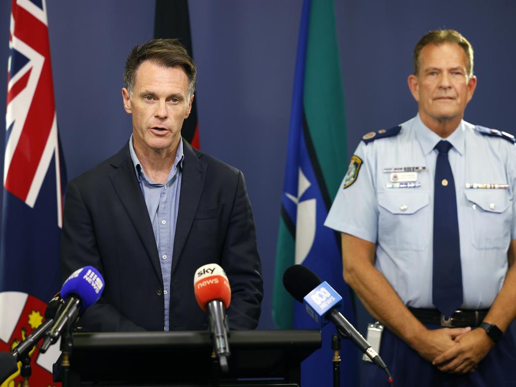 NSW Premier Chris Minns and Deputy Police Commissioner David Hudson. Picture: Richard Dobson