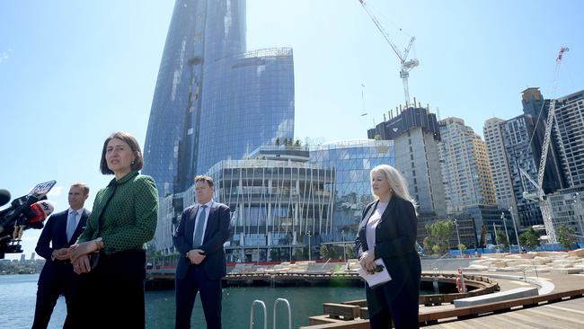 NSW Premier Gladys Berejiklian, Crown chair Helen Coonan, NSW Planning Minister Rob Stokes and Lend Lease CEO Steve McCann at the Barangaroo casino site in October. Picture: Jeremy Piper