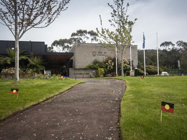 Little Aboriginal flags put out on the lawns and near the flagpoles at Clarence City Council's chambers in Rosny. Picture: LUKE BOWDEN