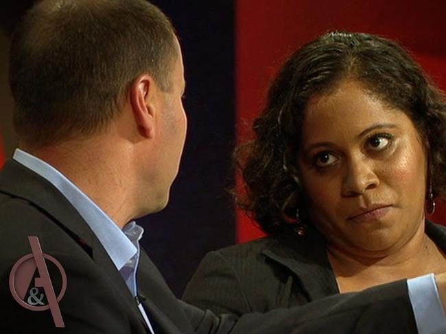 Shareena Clanton (right) with Josh Frydenberg on Q&A this week.