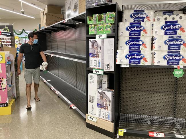 SATURDAY DAILY TELEGRAPH - Pictured is an empty toilet paper shelf at Woolworths Narrabeen today as people start to panic buy due to the COVID cluster on the Northern Beaches. Picture: Tim Hunter.