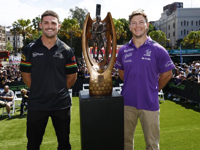 DAILY TELEGRAPH 3RD OCTOBER 2024Pictured at Circular Quay in Sydney at the 2024 NRL Grand Final Fan Fest is Penrith Panthers player Nathan Cleary and Melbourne Storm player Harry Grant ahead of this weekendÃs NRL Grand Final between the Melbourne Storm and the Penrith Panthers.Picture: Richard Dobson