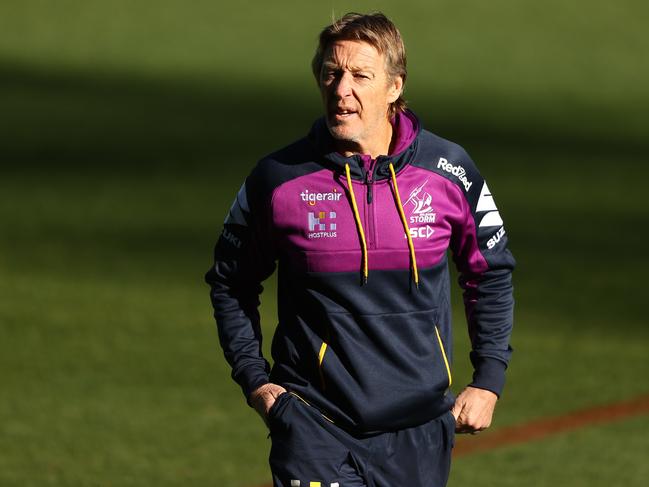 MELBOURNE, AUSTRALIA - JUNE 04: Storm coach Craig Bellamy looks on during a Melbourne Storm NRL training session at AAMI Park on June 04, 2020 in Melbourne, Australia. (Photo by Robert Cianflone/Getty Images)