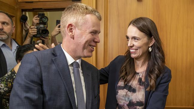 Jacinda Ardern and new Labour Party leader Chris Hipkins at Parliament in Wellington.