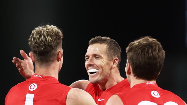 Luke Parker of the Swans celebrates yet another goal. (Photo by Matt King/AFL Photos/via Getty Images )