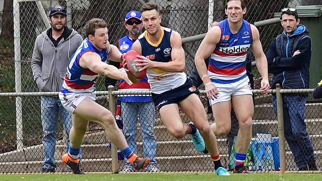 Smith breaks away with the footy against the Dogs at Elizabeth. Picture: Tom Huntley