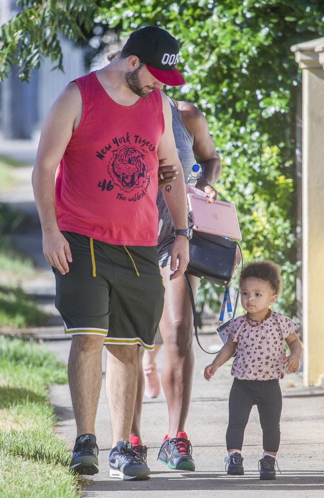 Alexis Ohanian keeps an eye on daughter Alexia Olympia, 1, as they make their way down the footpath. Picture: Media Mode