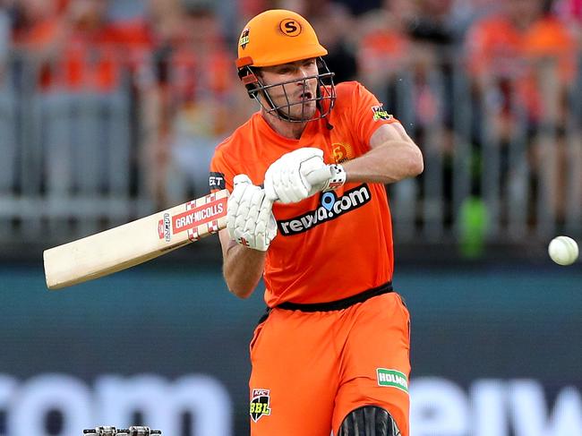 Ashton Turner of the Scorchers bats during the Big Bash League (BBL) cricket match between the Perth Scorchers and the Sydney Sixers at Optus Stadium in Perth, Thursday, December 26, 2019. (AAP Image/Richard Wainwright) NO ARCHIVING, EDITORIAL USE ONLY, IMAGES TO BE USED FOR NEWS REPORTING PURPOSES ONLY, NO COMMERCIAL USE WHATSOEVER, NO USE IN BOOKS WITHOUT PRIOR WRITTEN CONSENT FROM AAP