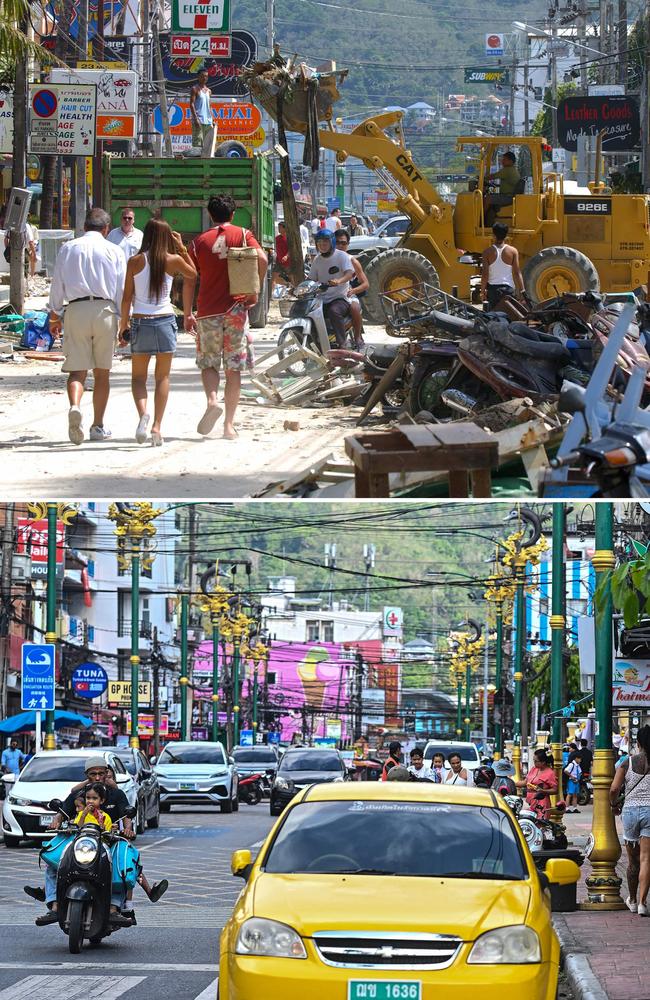 Phuket, Thailand in the days after the tsunami compared to today. Picture: AFP