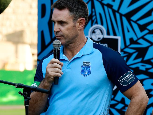 NSW Blues coach Brad Fittler (centre) and Queensland Maroons coach Kevin Walters (right) speak during the 2019 Holden State of Origin Series Launch at Milsons Park in Sydney, Wednesday, May 15, 2019. The opening game of the series will be played at Suncorp Stadium on June 5. (AAP Image/Bianca De Marchi) NO ARCHIVING