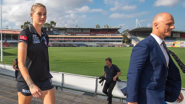 Tayla Harris (left) prepares to speak to the media yesterday. Picture: Jason Edwards