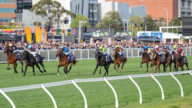 Amelia’s Jewel (right, red and green silks) finished ninth as a short-priced favourite in the Toorak Handicap. Picture: Scott Barbour/Racing Photos via Getty Images